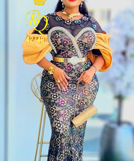 Sequin Embellished Dramatic Sleeve Maxi Dress | Wedding Party Birthday Celebrant Gala