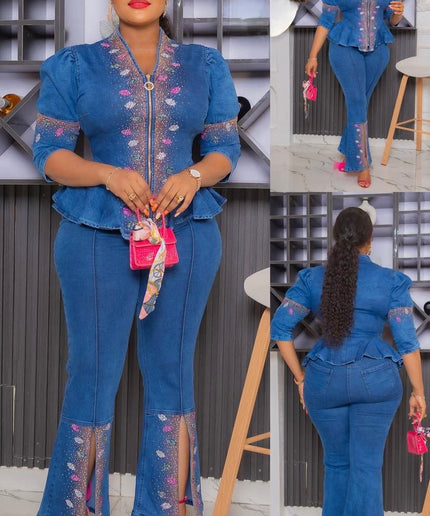 Denim and Diamonds 2 Piece Matching Peplum Top + Wide Pants Birthday Outfit Curvy Plus Size Jeans Party Wear