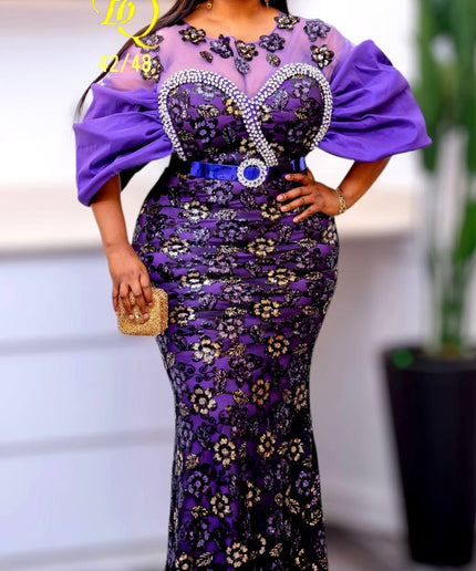 Sequin Embellished Dramatic Sleeve Maxi Dress | Wedding Party Birthday Celebrant Gala