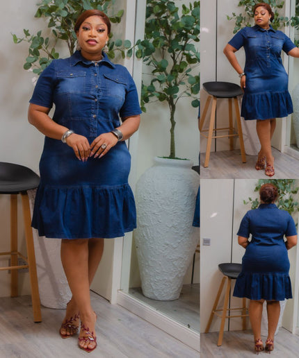 Blue Ruffle Midi Denim Dress Plus Size