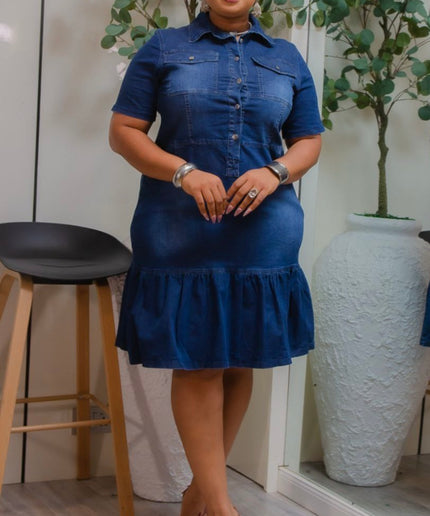 Blue Ruffle Midi Denim Dress Plus Size