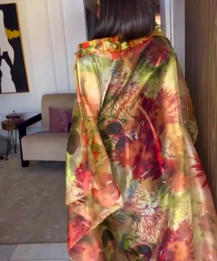 Gold One-Shoulder Floral Organza Kaftan Dress 2-Piece Set for Wedding Outfit Cocktail Birthday Dinner Party
