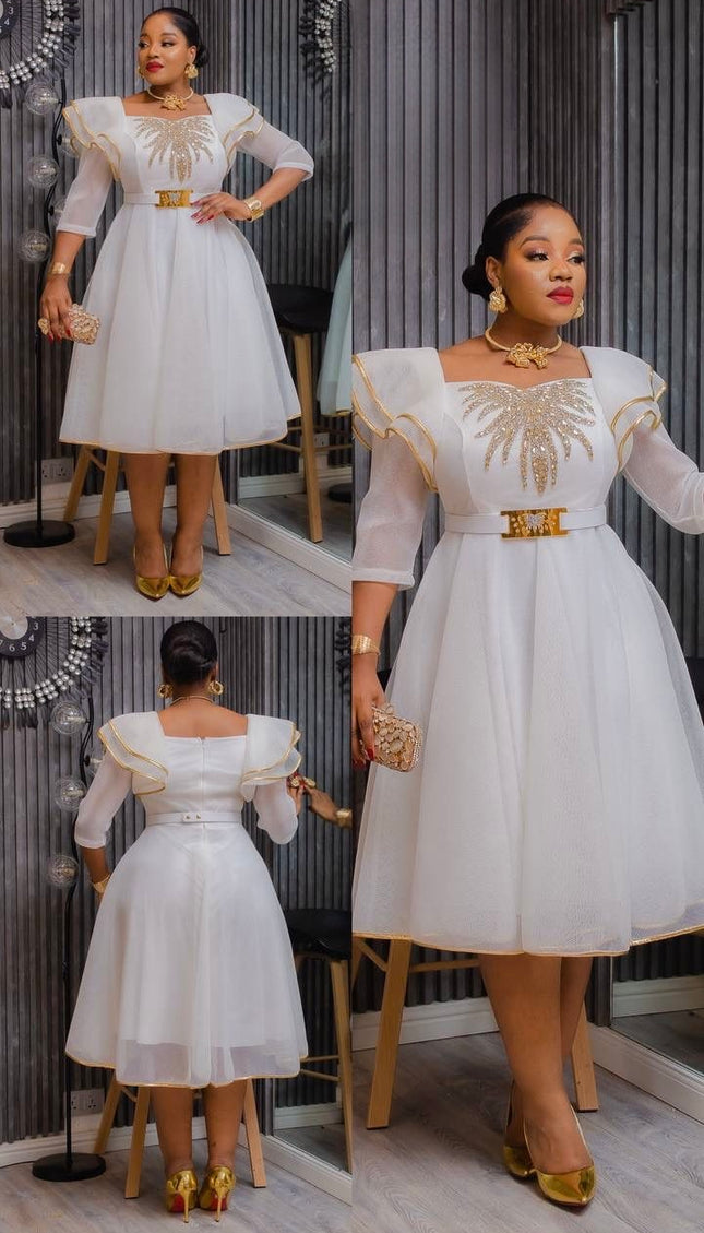 White Rhinestone-Embellished Twirl Skater Midi Dress: Birthday Party Outfit Wedding Guest Attire Graduation  Cocktail Dinner