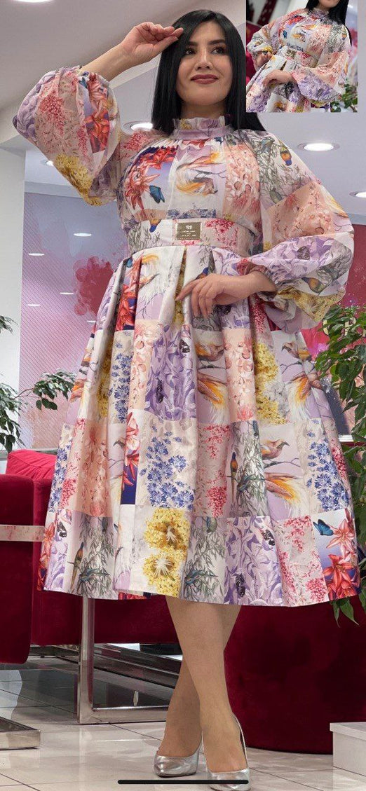 Classy Floral Pleated Twirl Skater Midi Dress for Tea Party Wedding Guest Church Anniversary Mother of The Bride Cocktail Birthday Photoshoot Outfit