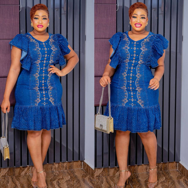 Blue Denim & Diamonds Ruffle Midi Jeans Dress