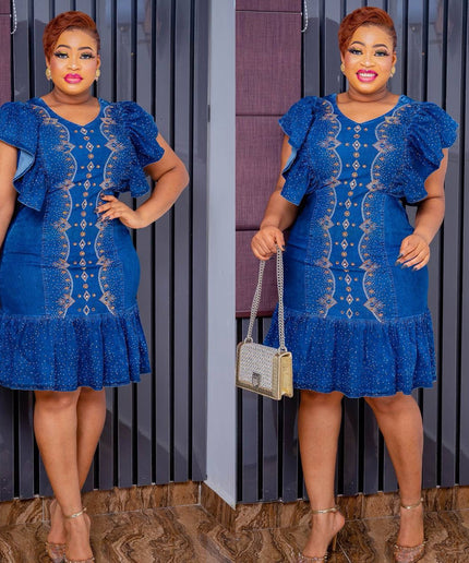 Blue Denim & Diamonds Ruffle Midi Jeans Dress