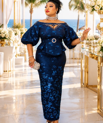 Purple Brocade Off-The-Shoulder Rhinestone Peplum Top & Skirt Set  - Wedding Guest Birthday Celebrant Cocktail Reception Mother of The Bride Outfit