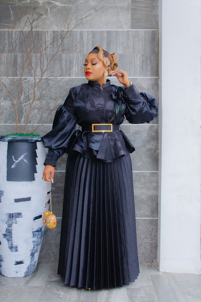 Black Brocade Rosette Peplum Top and Pleated A-Line Skirt for Birthday Party Cocktail Dinner Wedding Photoshoot