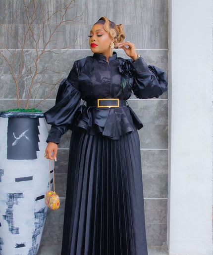 Black Brocade Rosette Peplum Top and Pleated A-Line Skirt for Birthday Party Cocktail Dinner Wedding Photoshoot