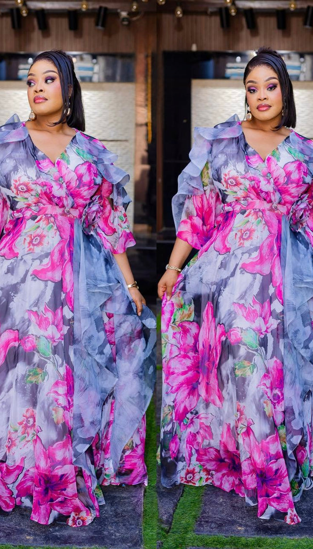 Pink Floral Ruffle 3D Flower Twirl Maxi Dress: Wedding Guest Birthday Graduation Cocktail Party