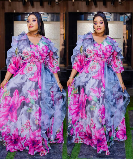 Pink Floral Ruffle 3D Flower Twirl Maxi Dress: Wedding Guest Birthday Graduation Cocktail Party