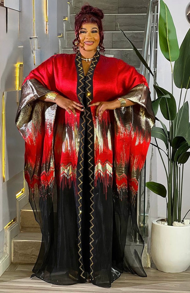 Spicy Red Brocade Rhinestone Kaftan Dress, African Bubu Wedding Attire Engagement Ceremony Church Gala Anniversary Birthday Party 2-Piece Outfit