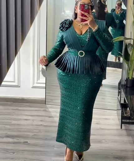 Sequin Pleated Peplum Maxi Dress | Women's Plus Size Evening Wear Wedding Guest Party Birthday