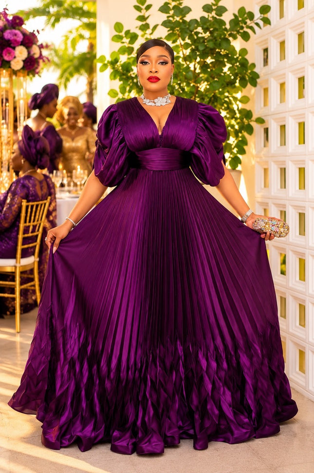 Dramatic Purple Crystal-Embellished Sleeve Draped Pleated Dress for Birthday Celebrant Engagement Ceremony Mother of The Bride Wedding Guest