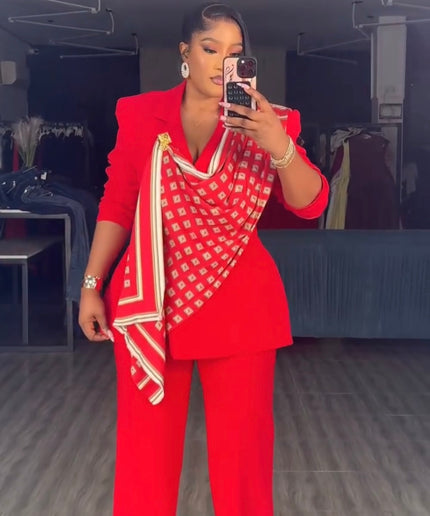Classy Red Embellished Women's Suit 2-Piece Set, Scarf Top & Pants: Graduation Outfit Wedding Guest Sunday Service Birthday Photoshoot