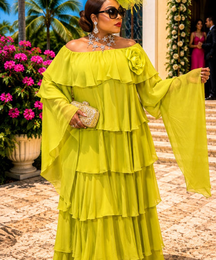 Pink Off-The-Shoulder Tiered Flower Flare Chiffon Maxi Dress for Wedding Guest Church Mother of The Bride Formal Evening Gown