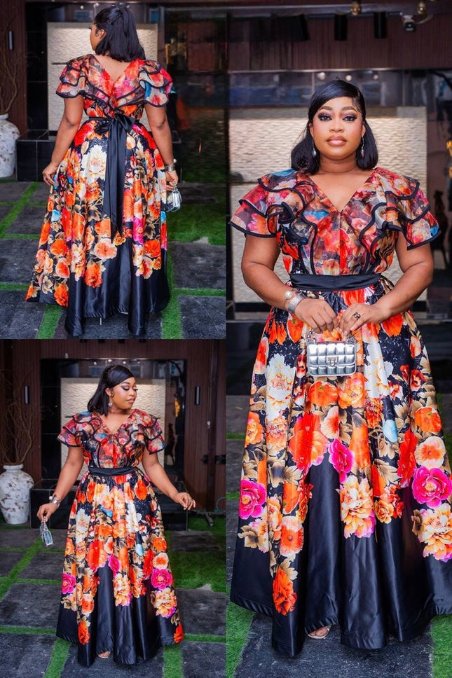 Floral Flare Sleeve Maxi Dress for Wedding Birthday Party Cocktail