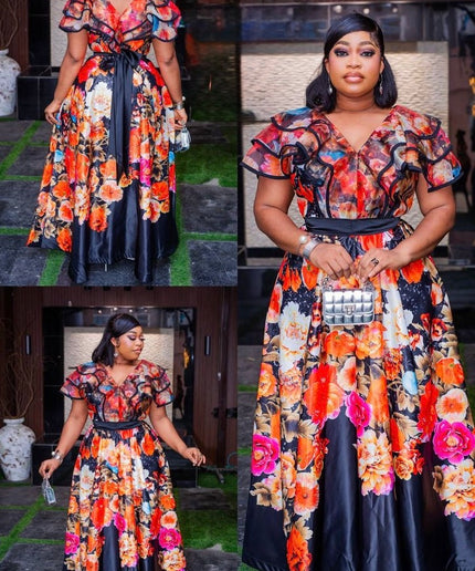 Floral Flare Sleeve Maxi Dress for Wedding Birthday Party Cocktail