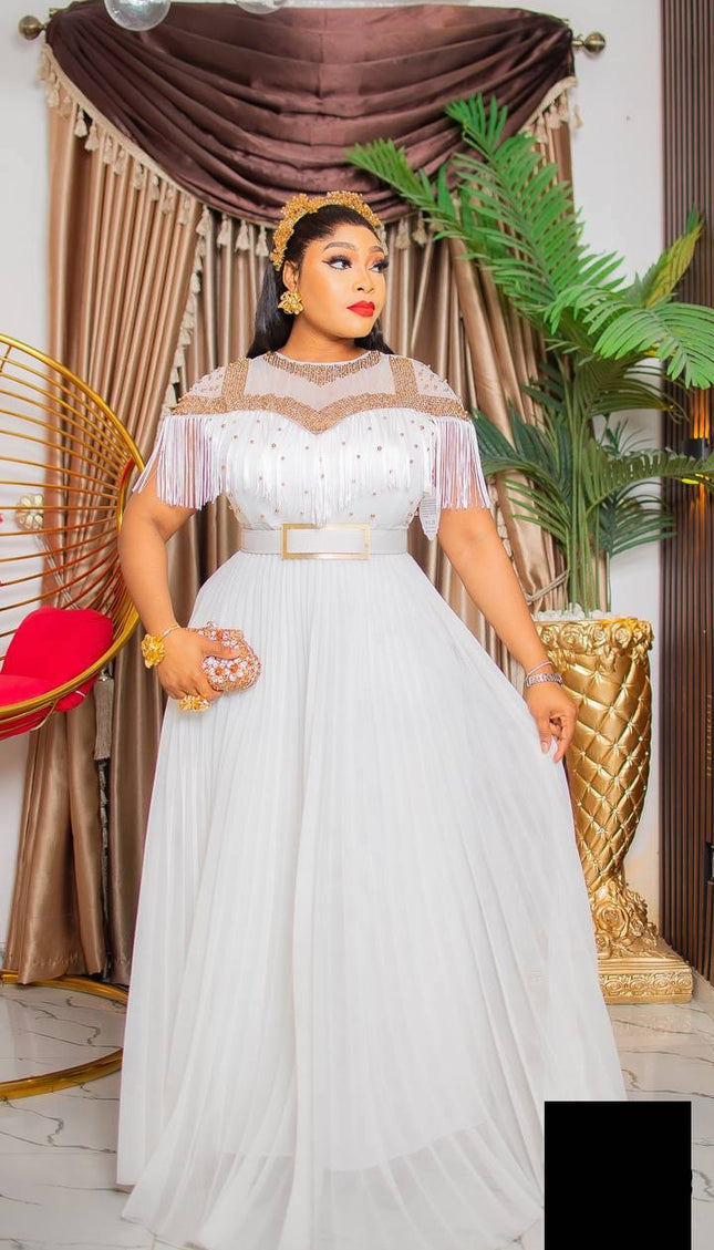 White Tassel Embellished Maxi Dress | Birthday Party Gala Bridal
