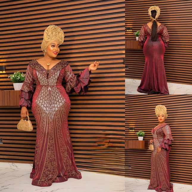 Burgundy Ruffle Sleeve Embellished Evening Gown for Wedding Guest Dinner Reception Mother of The Bride