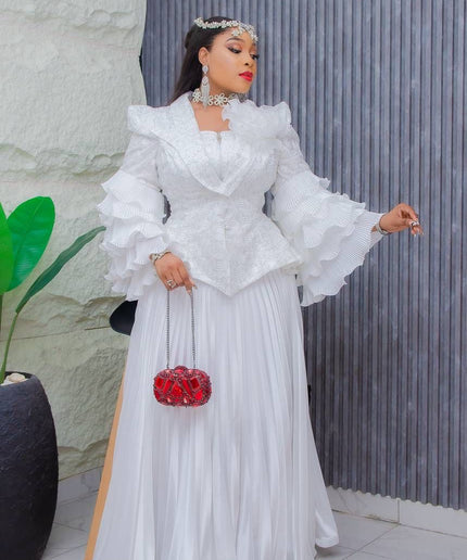 Dramatic Sleeve Top and Pleated Skirt | Mother of The Bride Graduation Celebration Wedding Guest