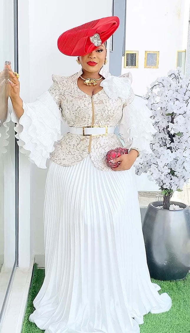 Ruffle Sleeve Pleated A-Line Gown | Mother of The Bride Wedding Guest Birthday Party