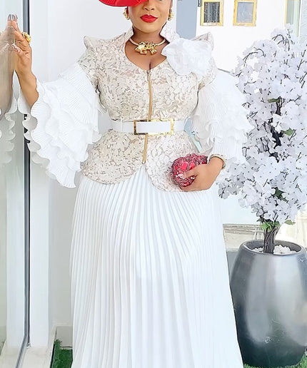 Ruffle Sleeve Pleated A-Line Gown | Mother of The Bride Wedding Guest Birthday Party