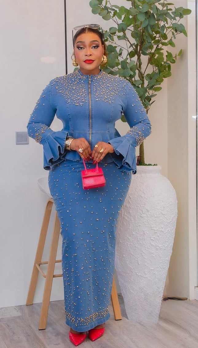 Luxury Denim & Diamonds 2-Piece Set, Matching Curvy Stretch Jeans Rhinestone Peplum Top & Skirt - Birthday Party Outfit Concert Ladies Night Casual Wear