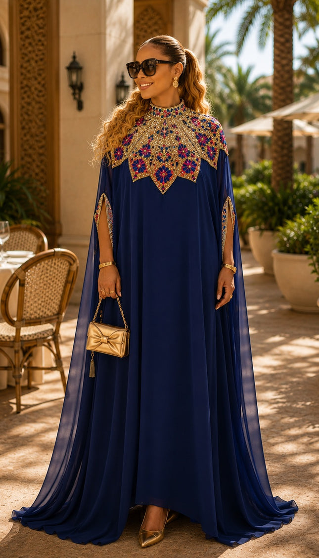 "Talk of The Party" Crystal Beaded Hand-Embellished Black Chiffon Kaftan Dress with Arm Tassels, Floor-Length Formal Evening Gown for Birthday Party Dinner Wedding Guest Mother of Bride Gala Holiday Fashion Cocktail Engagement Reception