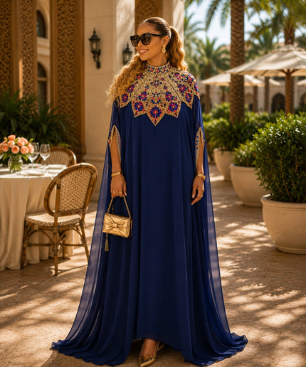 "Talk of The Party" Crystal Beaded Hand-Embellished Chiffon Kaftan Dress with Arm Tassels, Floor-Length Formal Evening Gown for Birthday Party Dinner Wedding Guest Mother of The Bride Gala Holiday Cocktail Reception
