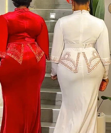 Red Velvet Crystal Embellished Peplum Maxi Dress - Wedding Guest Mother of The Bride Anniversary Cocktail