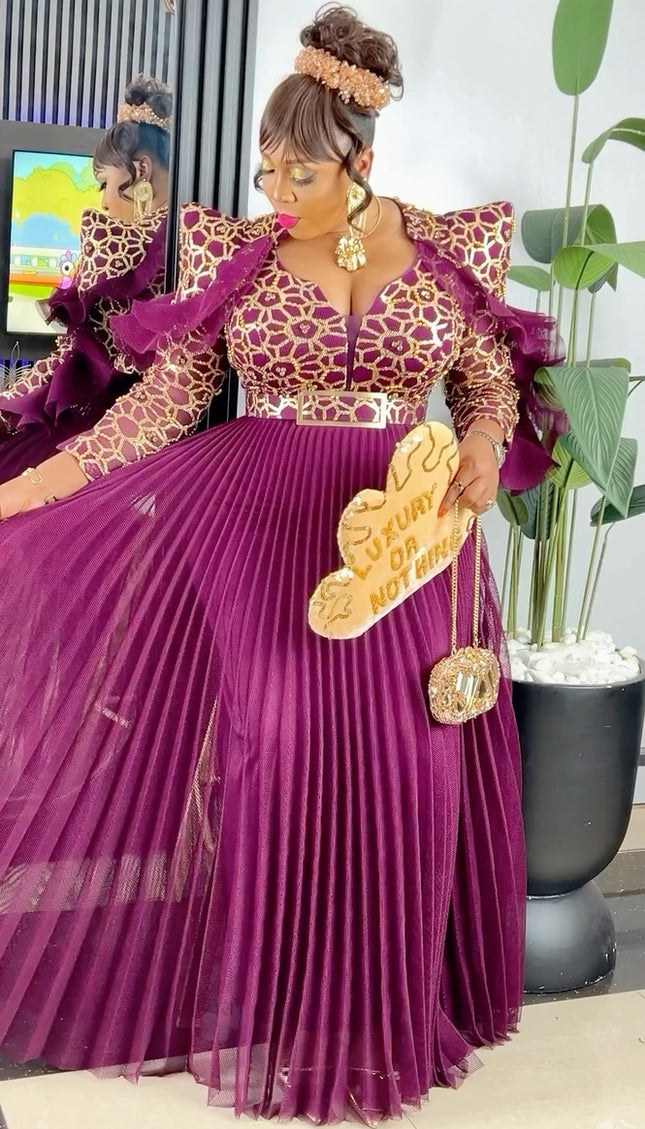 Pointed Sleeve Embellished Pleated Maxi Dress