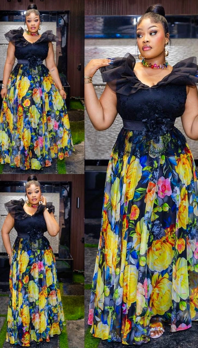 Yellow Dramatic Ruffle Neckline Embellished Sleeveless Twirl Skater A-Line Dress for Birthday Cocktail Dinner Party Outfit Summer Wedding Guest