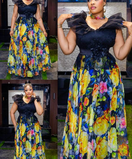 Yellow Dramatic Ruffle Neckline Embellished Sleeveless Twirl Skater A-Line Dress for Birthday Cocktail Dinner Party Outfit Summer Wedding Guest