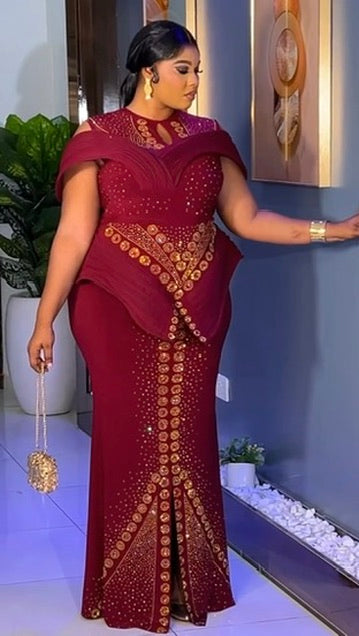 Dramatic Shoulder Embellished Peplum Maxi Dress: Wedding Guest Attire Mother of The Bride Graduation Party