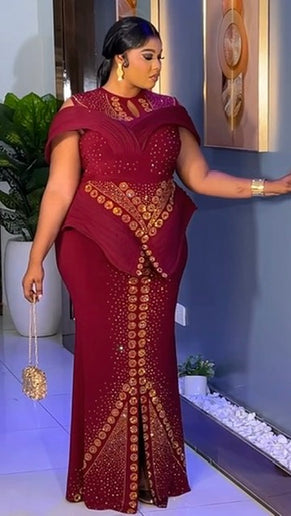 Dramatic Shoulder Embellished Peplum Maxi Dress: Wedding Guest Attire Mother of The Bride Graduation Party