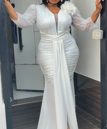 White Embellished Ruched Draped Maxi Dress for Engagement Ceremony Wedding Guest Anniversary Dinner Cocktail Photoshoot