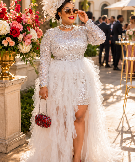 "The Compliment Collector" Red Sequin Wedding Guest Dress with Ruffle Tulle Overlay Formal Cocktail Party Mother of The Bride Celebrant Special Occasion Gown