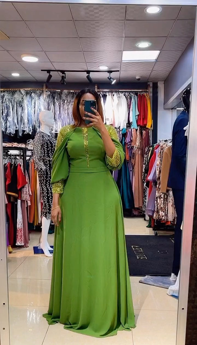 Green Embellished Shoulder Maxi Gown
