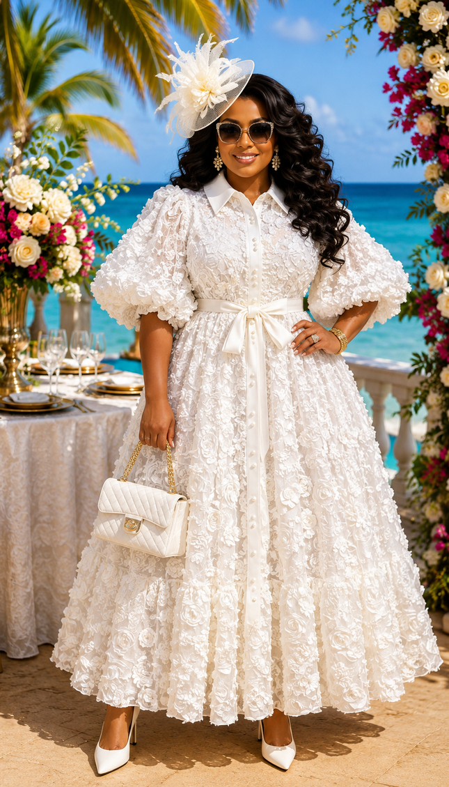"It's Giving Luxury" Gold 3D Flower Pleated Maxi Dress for Wedding Guest Church Anniversary Birthday Tea Party Cocktail Reception Engagement Ceremony