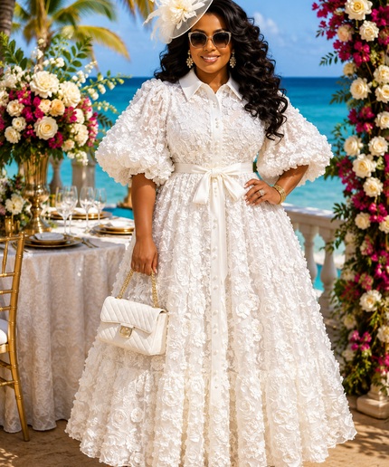 "It's Giving Luxury" White 3D Flower Pleated Maxi Dress for Wedding Guest Church Anniversary Birthday Tea Cocktail Reception Engagement Ceremony Party Outfit
