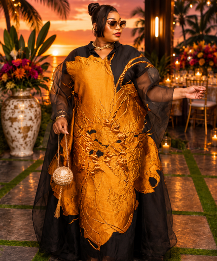 "Best-Dressed" Gold Brocade Floral Kaftan Maxi Dress for African Wedding Guest Attire Mother of The Bride Cocktail Party