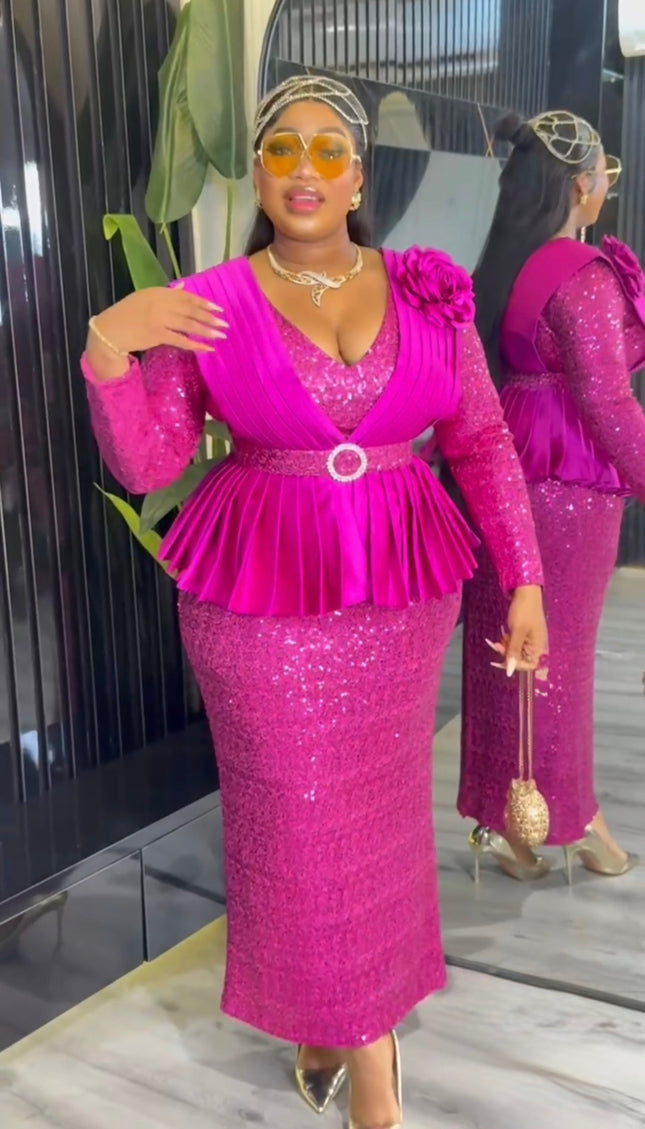 Pink Sequin Embellished Peplum Maxi Dress with 3D Flower