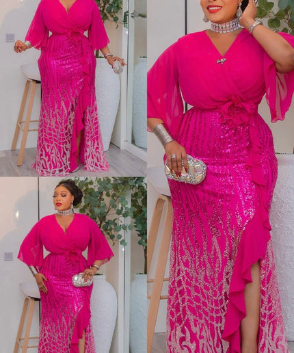 Black Sequin Ruffled Slit Maxi Dress