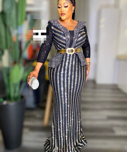 Gold Sequin Peplum Maxi Dress for Mother of The Bride Wedding Guest Birthday Photoshoot