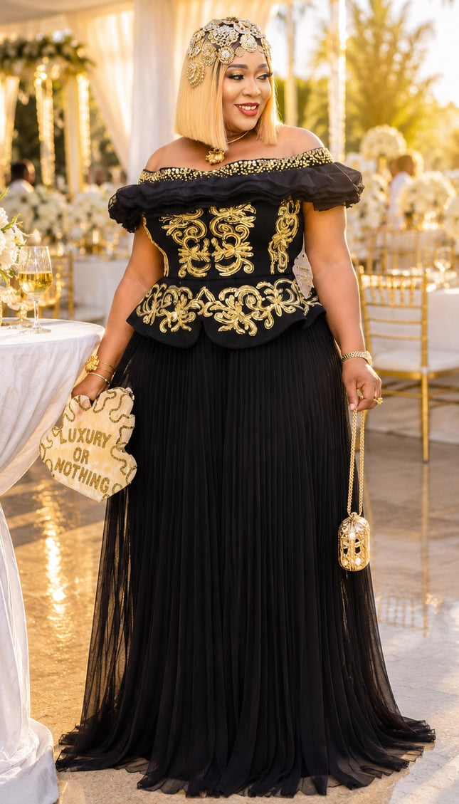 Black Off-The-Shoulder Ruffle Embellished Pleated A-Line Dress for Black Tie Wedding Guest Attire Mother of The Bride Formal Evening Gown