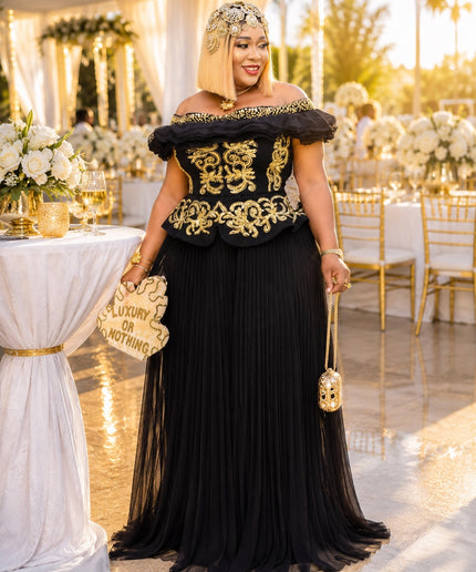 Black Off-The-Shoulder Ruffle Embellished Pleated A-Line Dress for Black Tie Wedding Guest Attire Mother of The Bride Formal Evening Gown