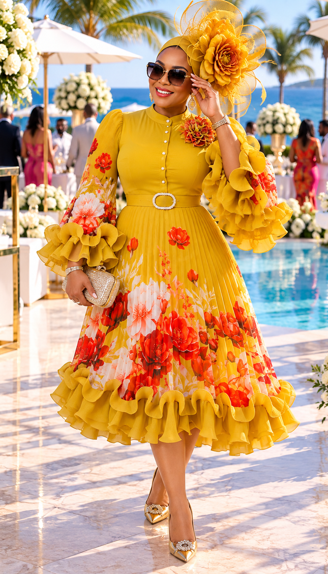 Burnt Orange Sculptural Ruffle Pleated Twirl Midi Dress for Wedding Guest Tea Party Birthday Cocktail Reception Dinner Outfit