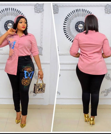 Pink Embellished Stretch 2-Piece Outfit Top & Pants Casual Party Wear