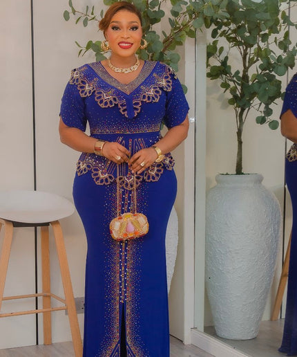 Blue Rhinestone Front Slit Maxi Dress: Wedding Guest Birthday Party Outfit